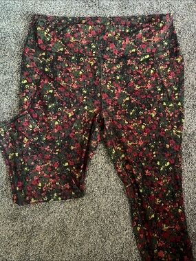 MTA Sport Black Floral Print Leggings with Red & Green Accents